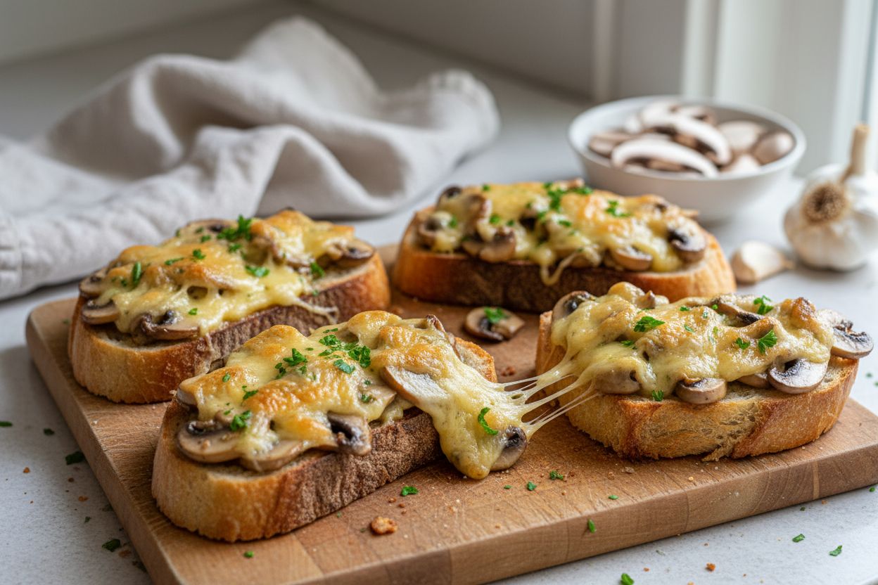 Tartines chaudes aux champignons à l’ail et comté