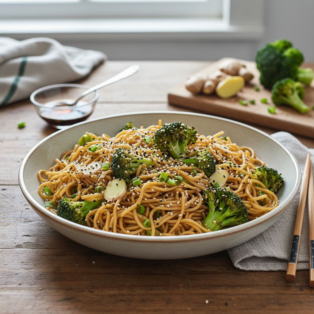 Nouilles sautées sésame-gingembre au brocoli (wok) terminé
