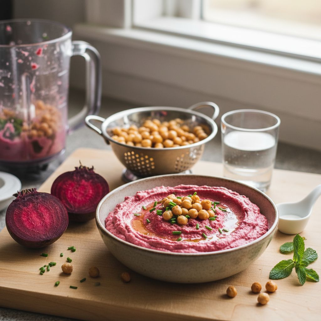 Houmous de betterave rose sans tahini (mixeur) terminé