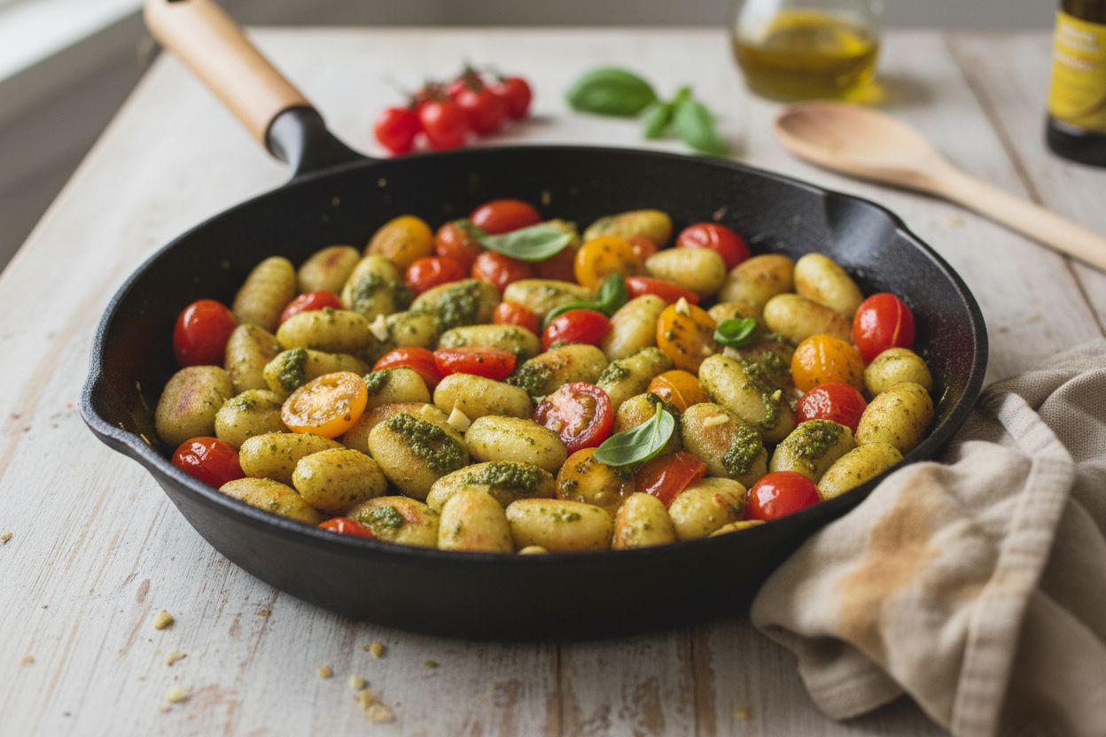 Poêlée de gnocchis aux tomates cerises & pesto terminé