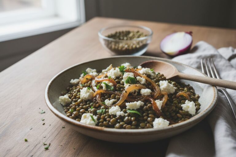 Salade lentilles féta Oignons caramélisés Recette healthy protéinée