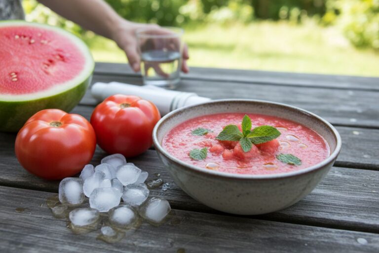 Soupe froide tomate pastèque Recette estivale provençale Fraîcheur estivale Soupe tomate pastèque facile Tomate pastèque Une soupe froide originale Saveurs d'été Soupe froide tomate pastèque maison Soupe froide tomate pastèque Rafraîchissante et gourmande