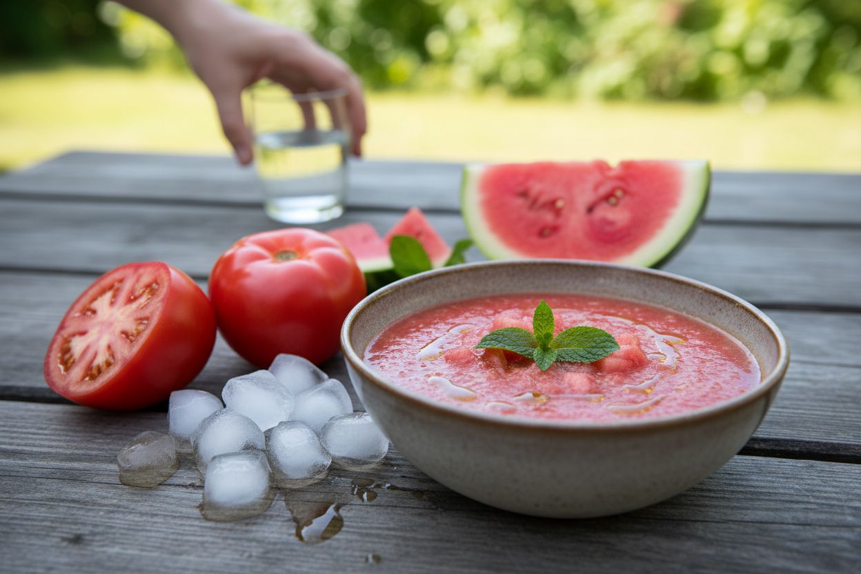Soupe froide de tomates et pastèque