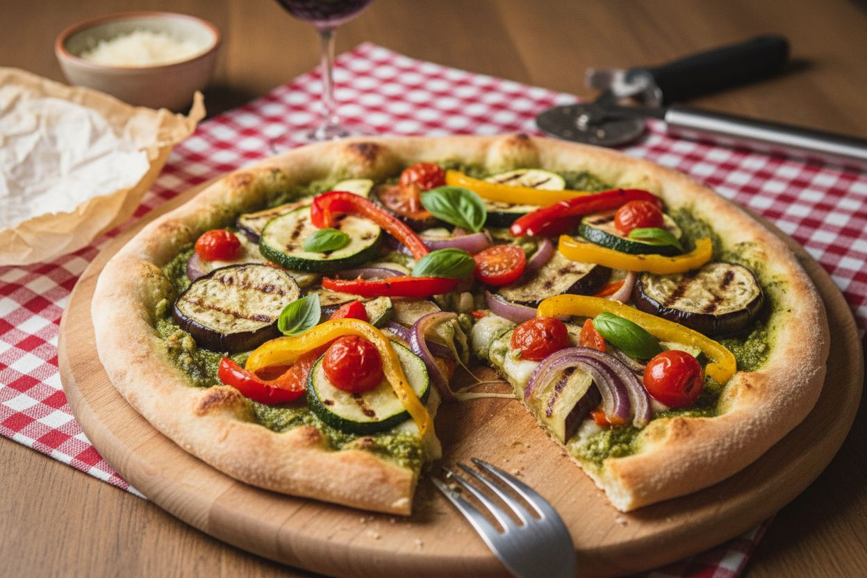 Pizza aux légumes grillés et pesto