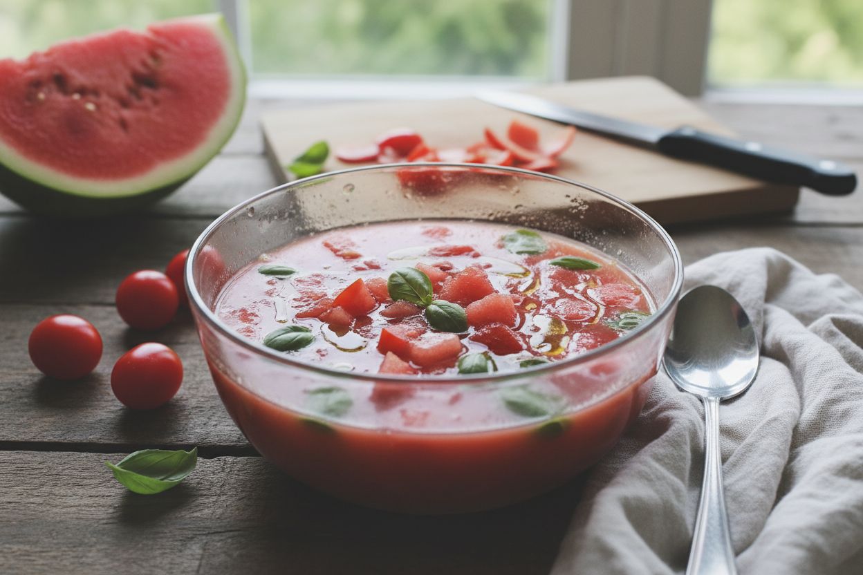 Soupe froide de tomates et pastèque terminé