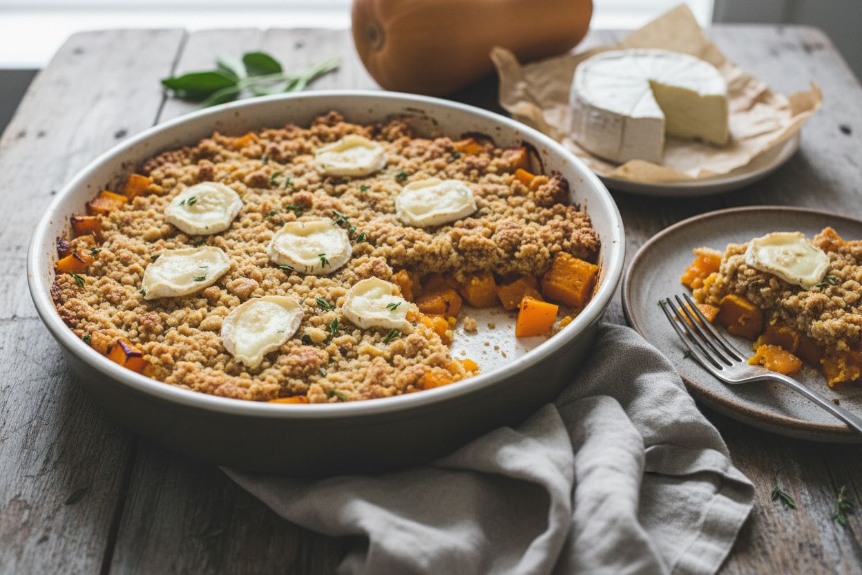 Crumble salé à la courge et au chèvre terminé