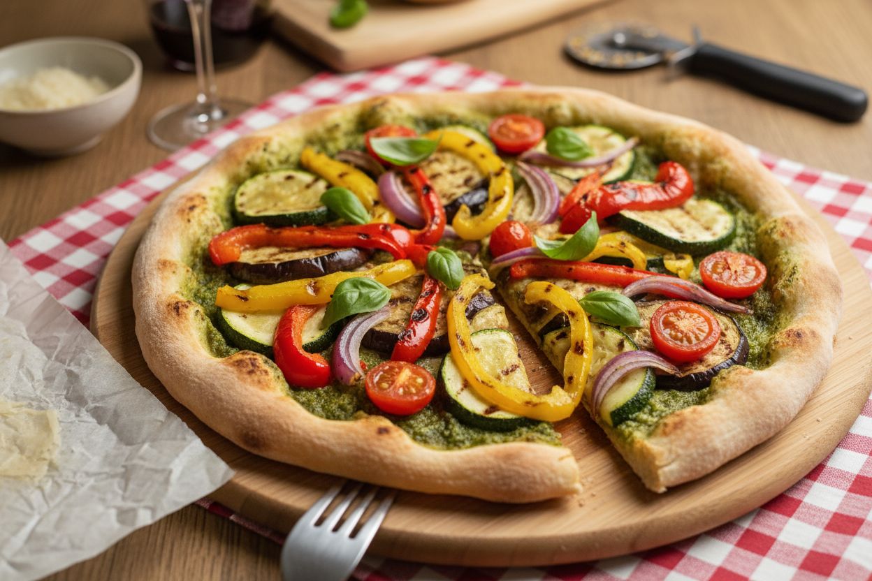 Pizza aux légumes grillés et pesto terminé