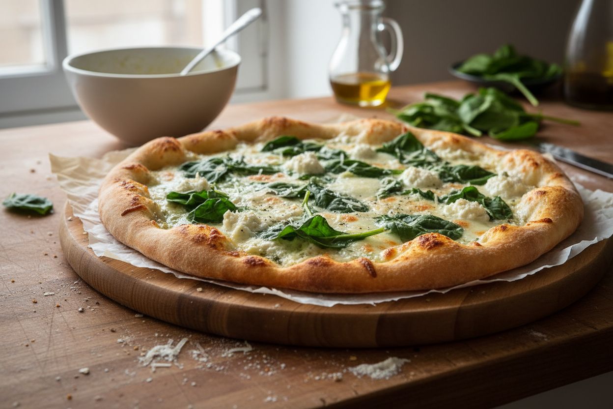 Pizza blanche aux épinards et ricotta terminé