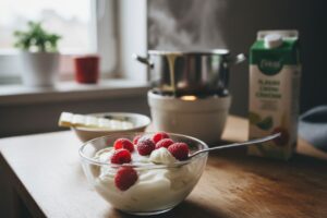 Mousse au chocolat blanc et framboises