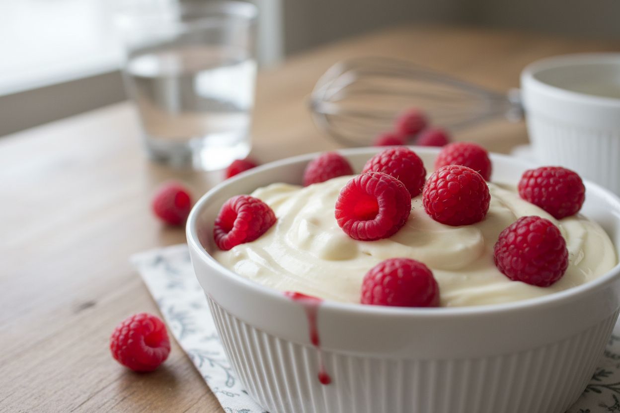 Mousse au chocolat blanc et framboises