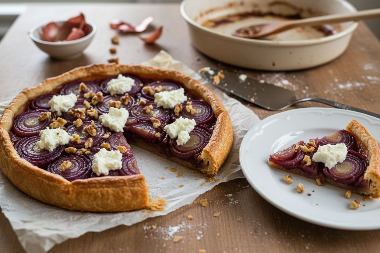 Tarte tatin salée aux oignons rouges terminé