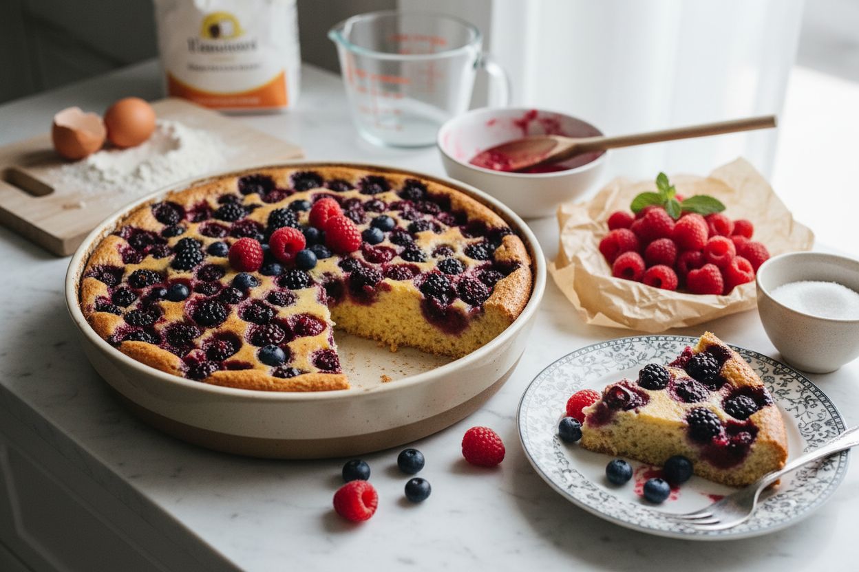 Clafoutis sucré aux fruits rouges terminé