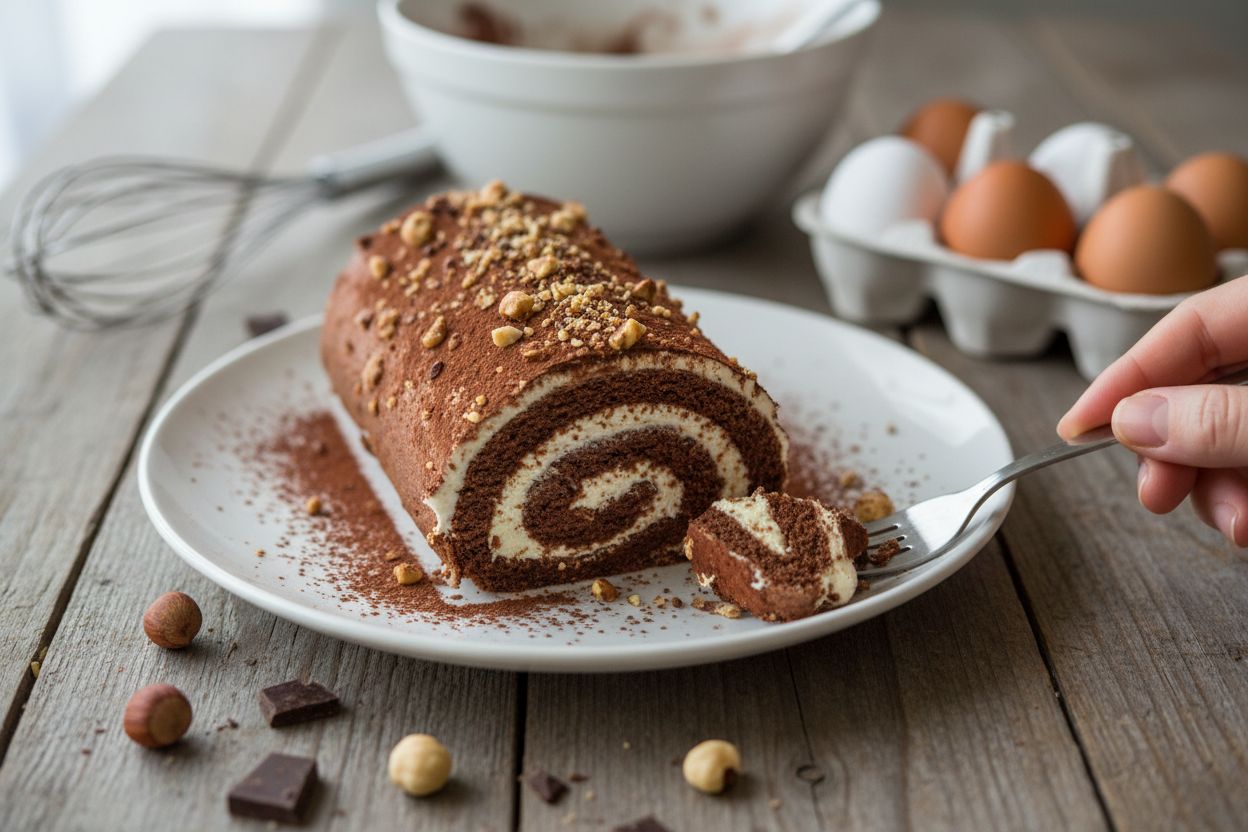 Gâteau roulé chocolat-noisettes terminé