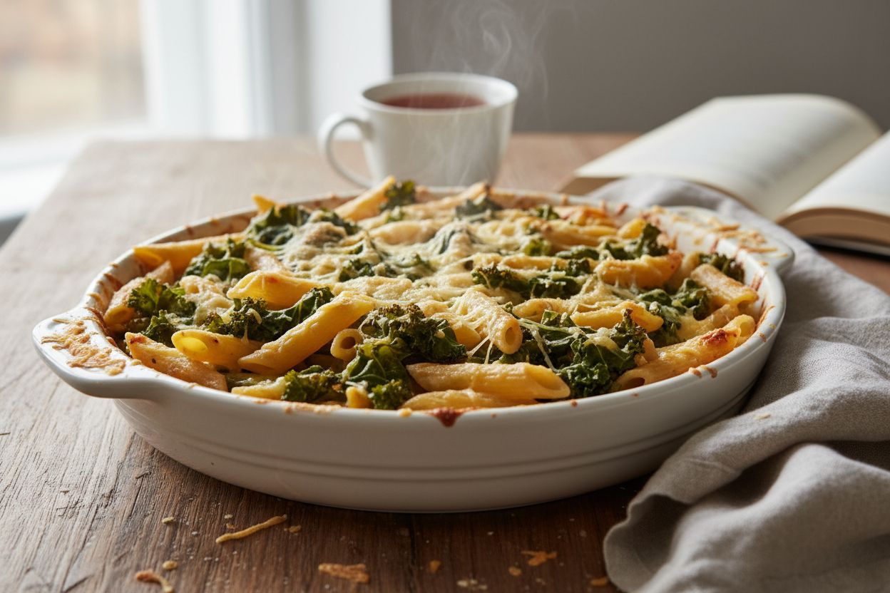 Gratin de pâtes au chou kale terminé