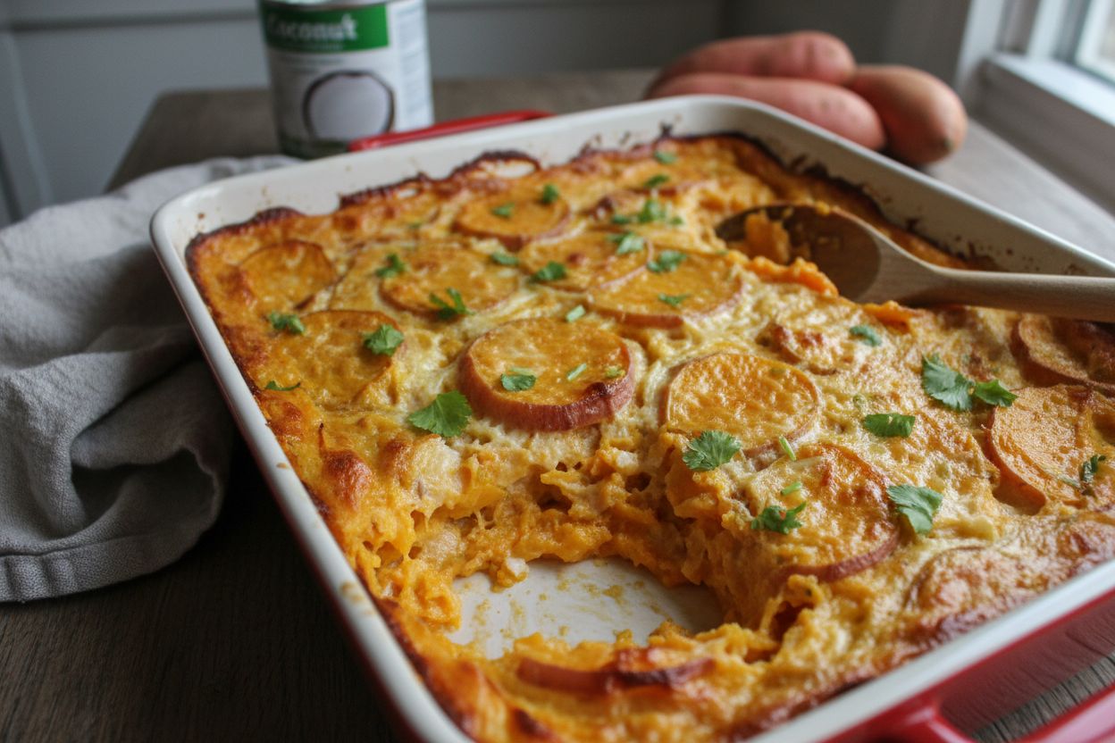 Gratin de patates douces au lait de coco terminé