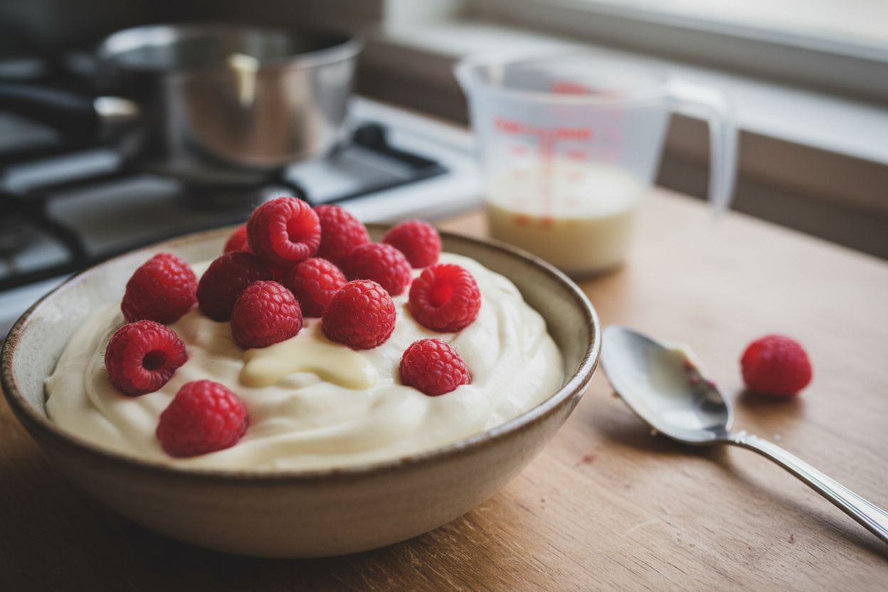 Mousse au chocolat blanc et framboises terminé