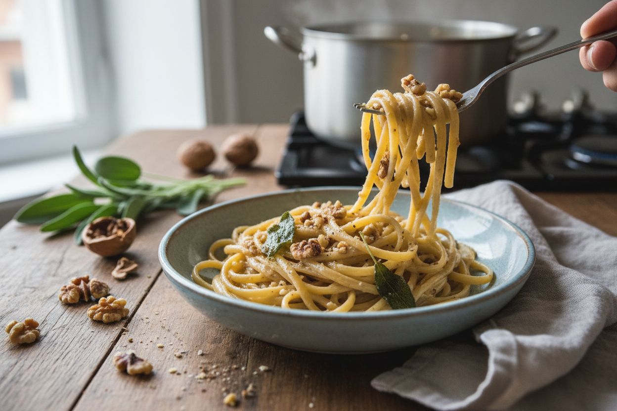 Pâtes à la crème de noix et sauge terminé
