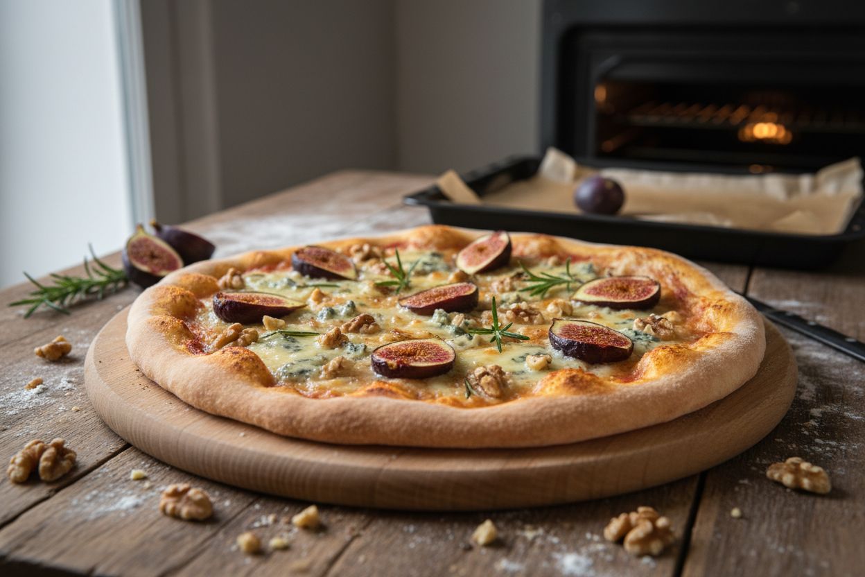 Pizza aux figues, roquefort et noix terminé