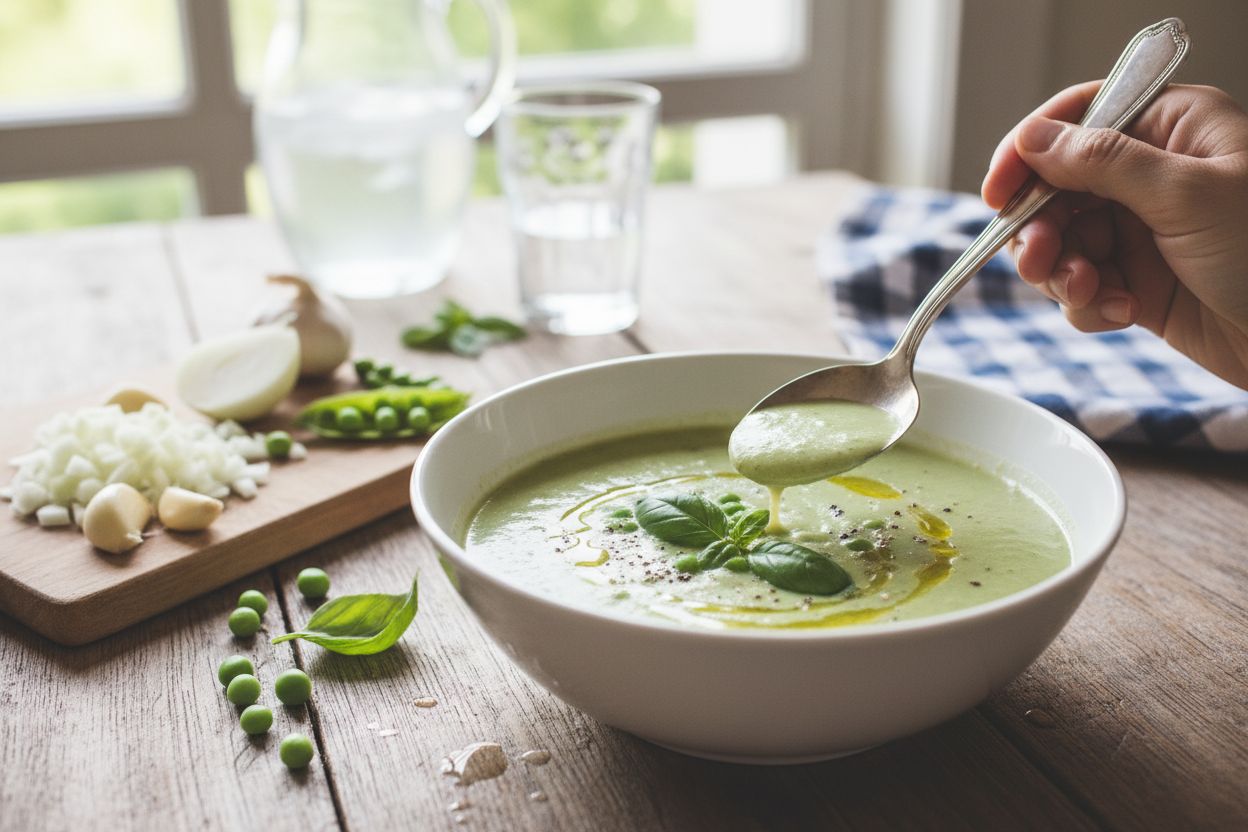 Velouté glacé de petits pois et basilic terminé