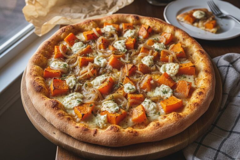 Pizza d'automne gourmande Courge, oignons caramélisés et chèvre