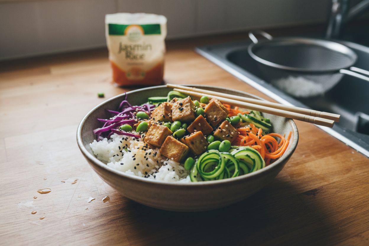 Bowl asiatique au riz, tofu et légumes croquants