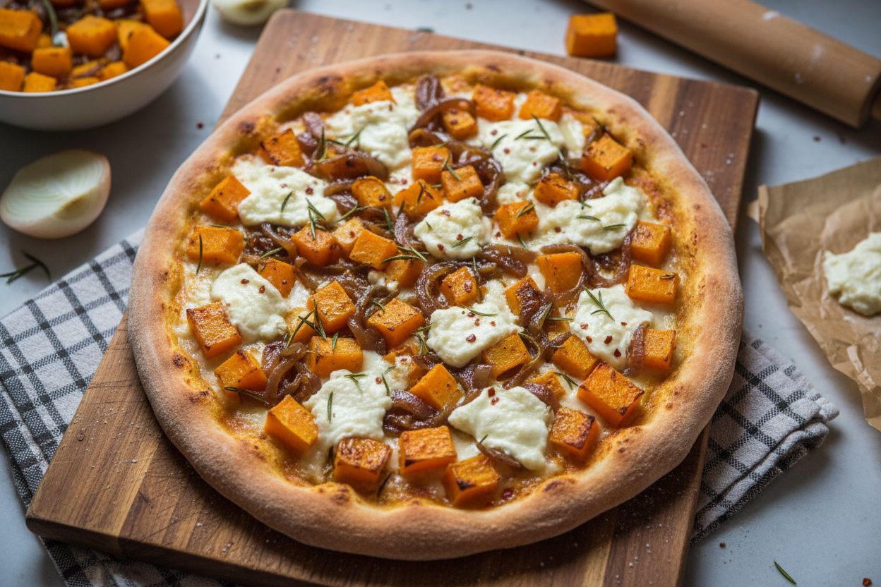 Pizza à la courge, oignons caramélisés et chèvre