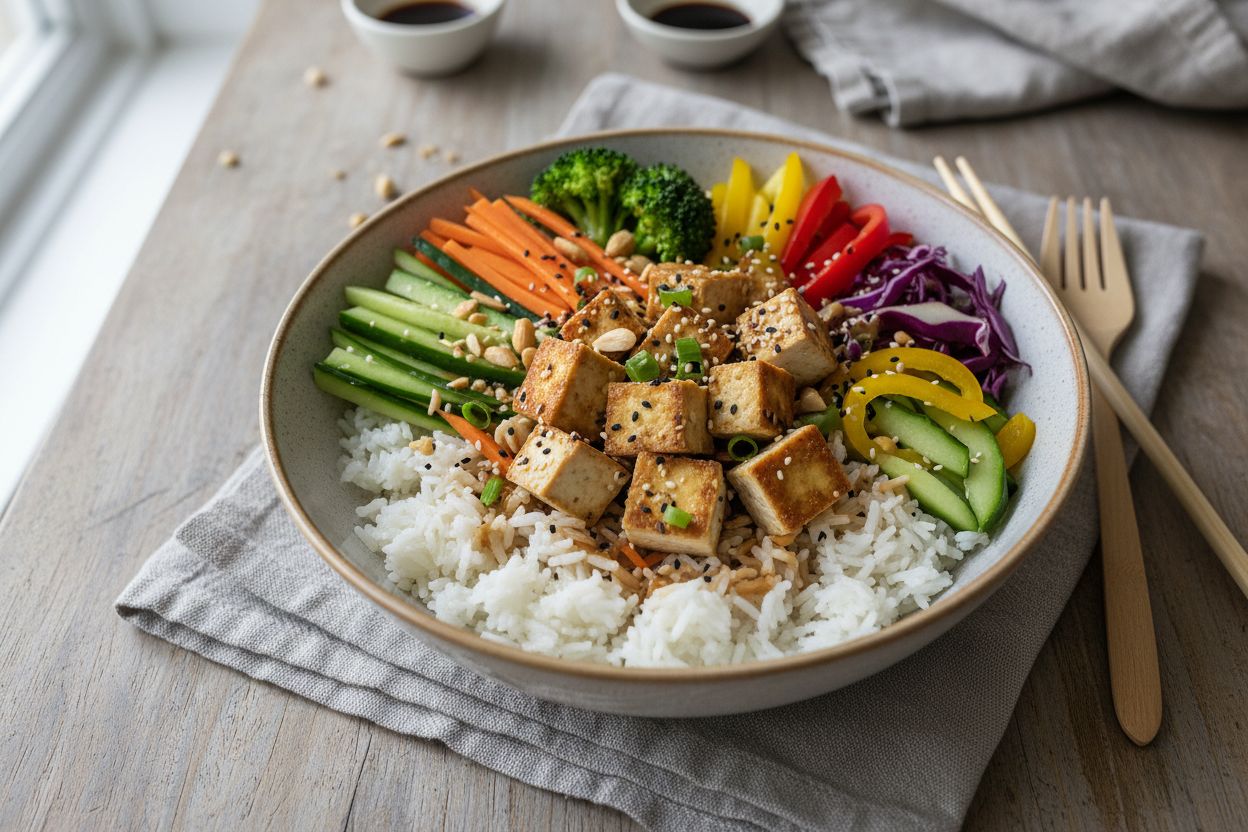 Bowl asiatique au riz, tofu et légumes croquants terminé