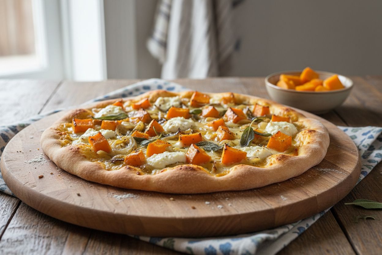 Pizza à la courge, oignons caramélisés et chèvre terminé