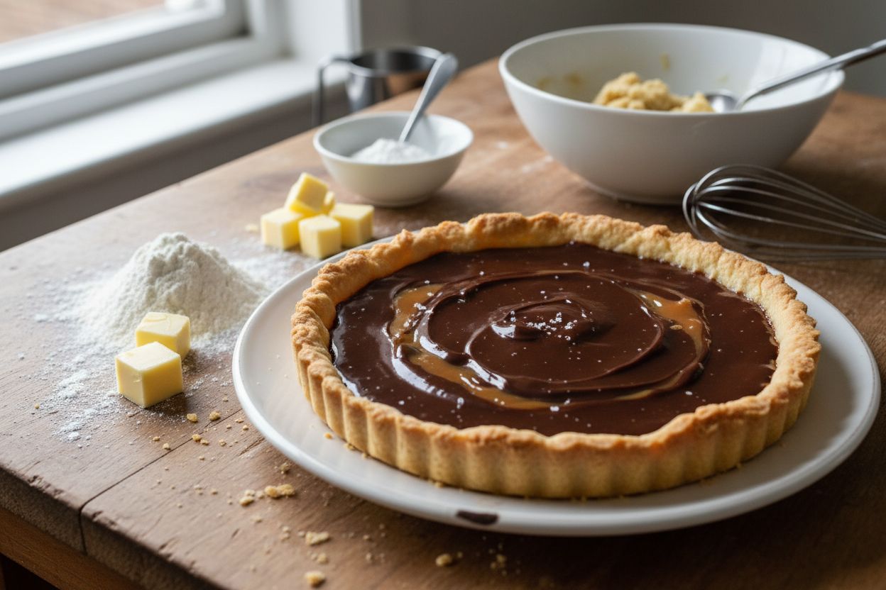 Tarte sablée au chocolat et caramel salé terminé