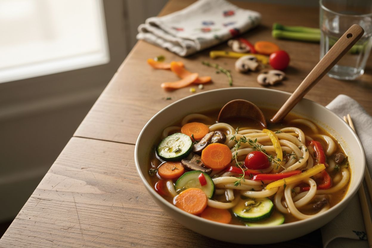 Soupe de nouilles udon aux légumes terminé