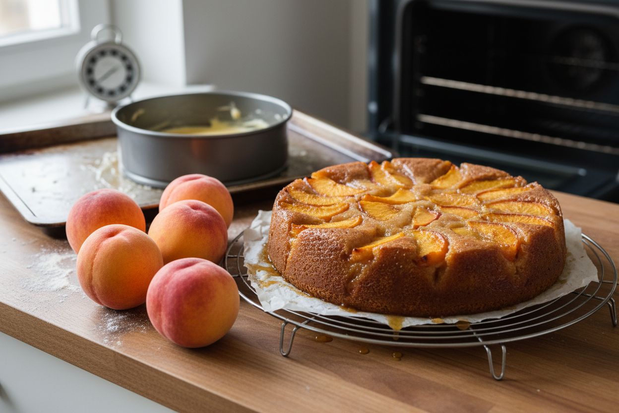 Gâteau renversé aux pêches terminé