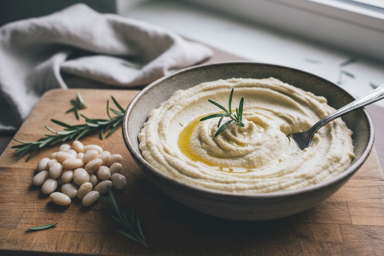 Hummus de haricots blancs au romarin terminé