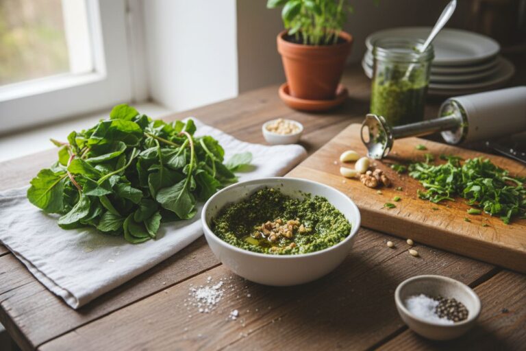 Pesto anti gaspi de fanes de radis Recette gourmande et croquante Pesto de fanes de radis Recette facile anti gaspillage Réalisez un pesto gourmand avec vos fanes de radis Recette anti gaspi Fanes de radis transformées en pesto Recette végétarienne parfumée Pesto de fanes de radis Un délice croquant anti-gaspi