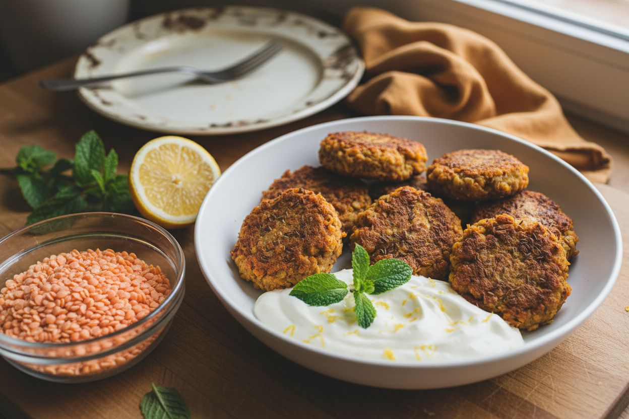Boulettes de lentilles corail au cumin, sauce yaourt citron
