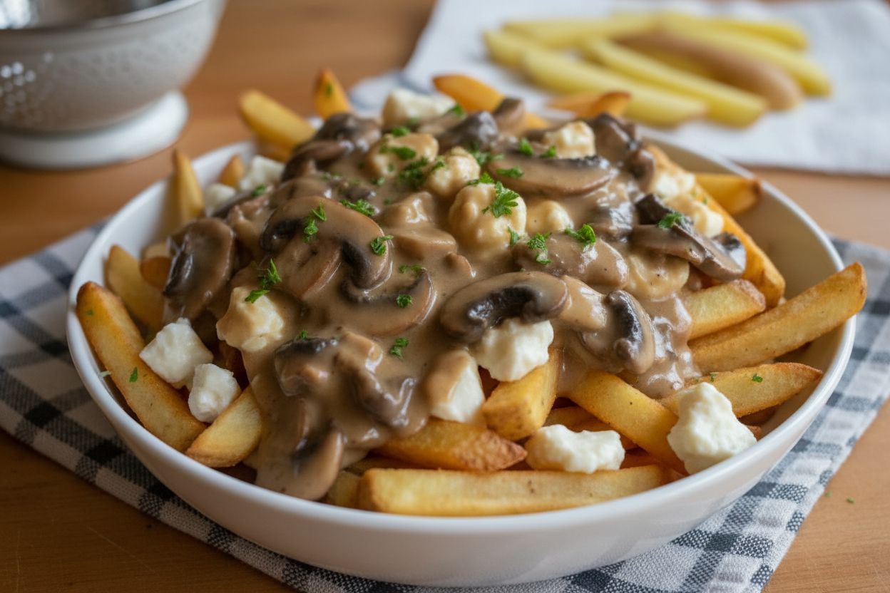 Poutine végétarienne à la sauce aux champignons
