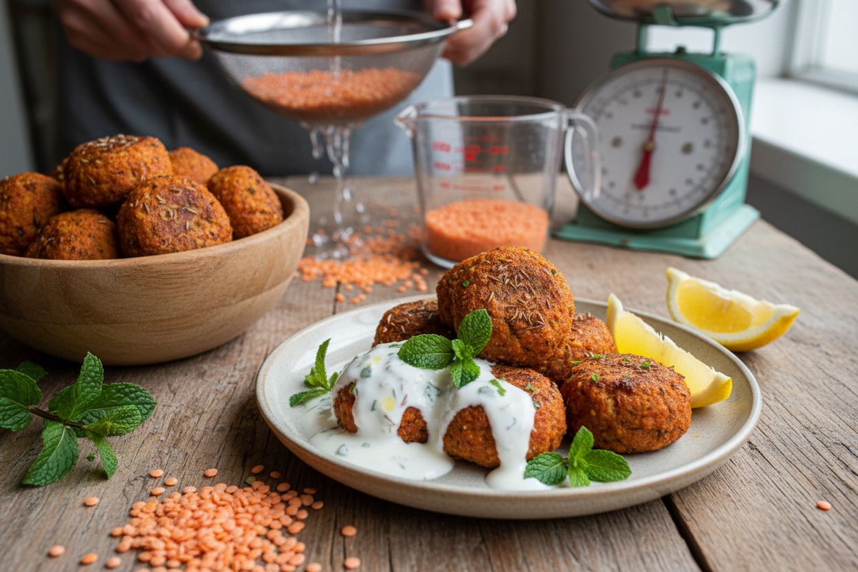 Boulettes de lentilles corail au cumin, sauce yaourt citron terminé