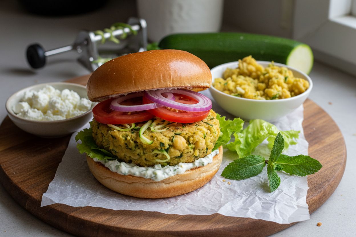Burger de pois chiches & courgette à la féta terminé