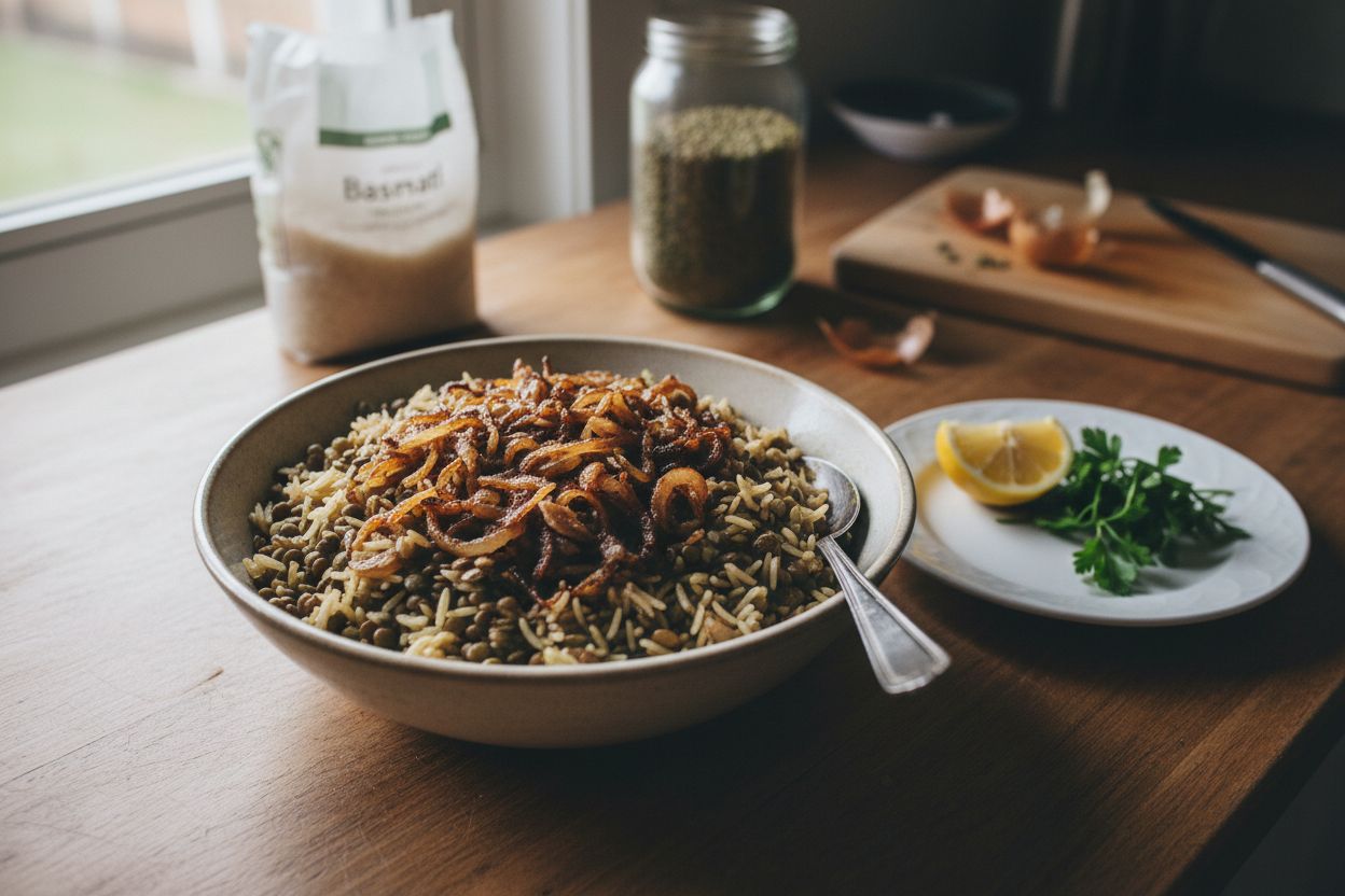 Mujadara libanais (riz et lentilles aux oignons) terminé