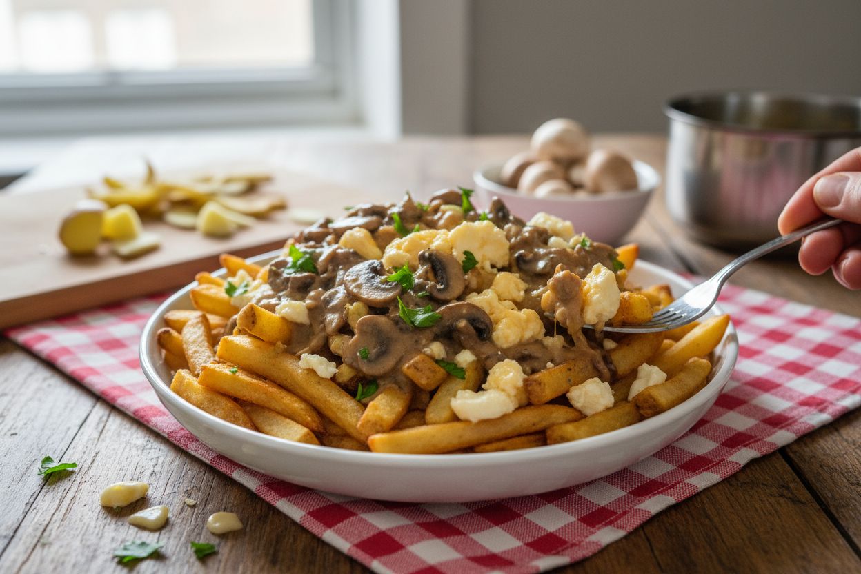 Poutine végétarienne à la sauce aux champignons terminé