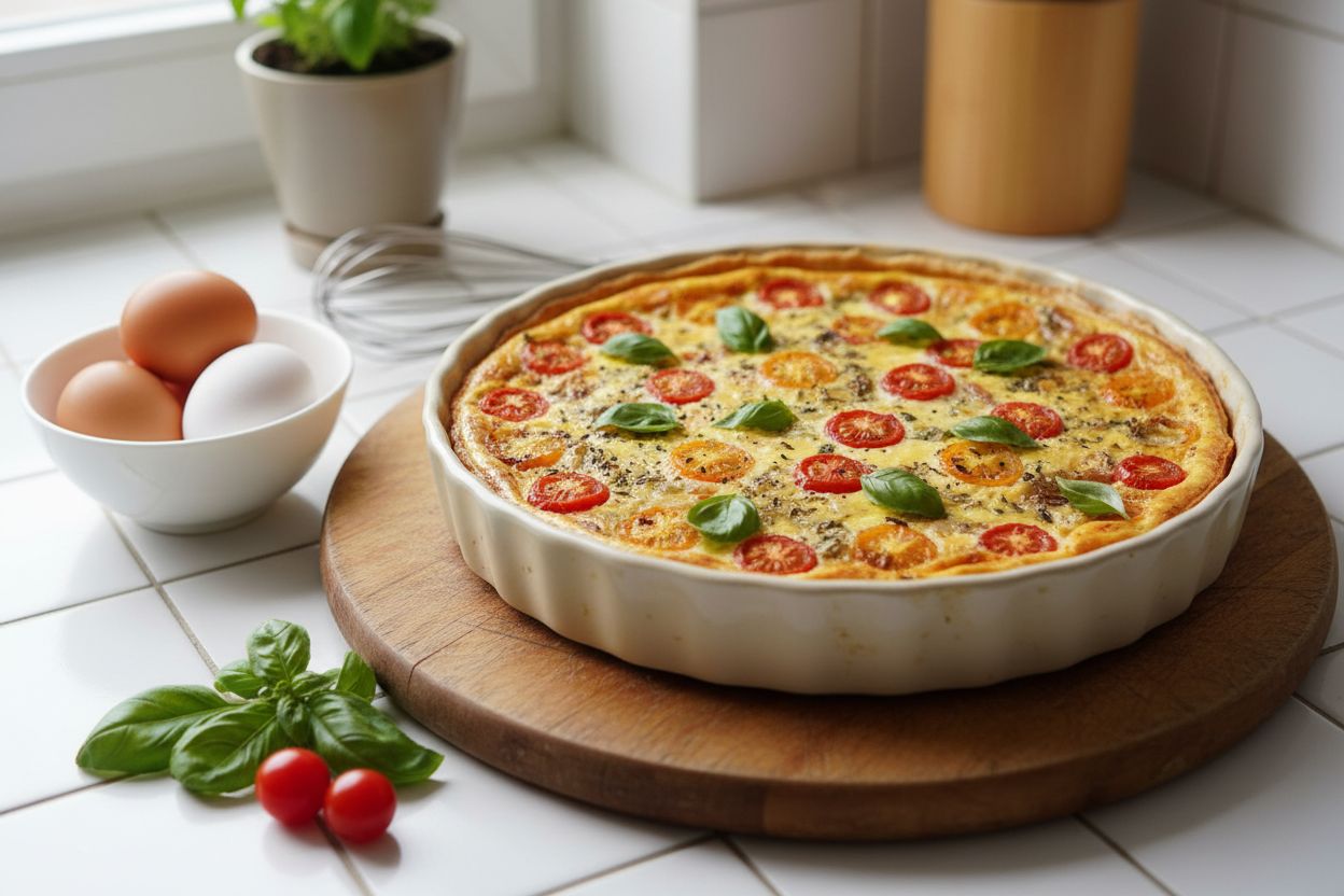 Quiche sans pâte aux tomates et basilic terminé