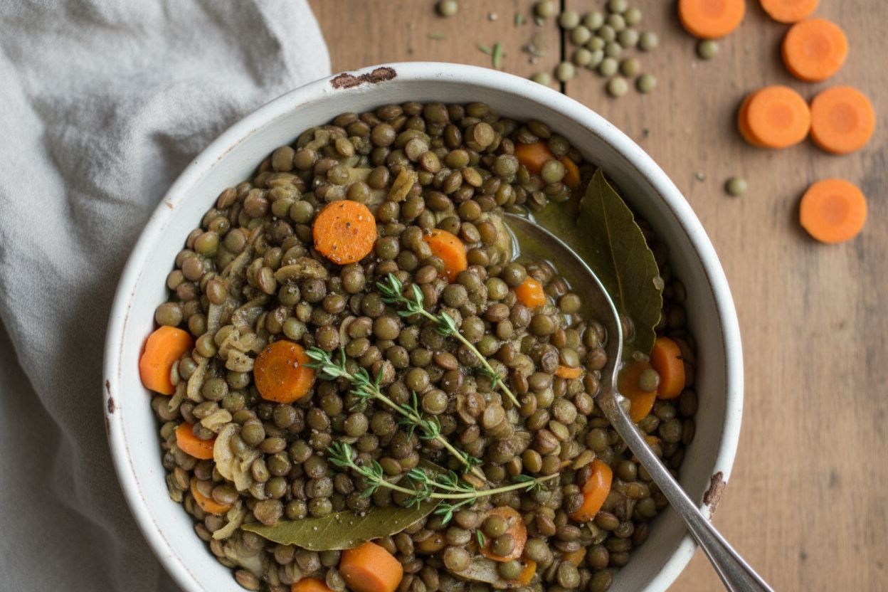 Ragoût de lentilles vertes à la française (carottes & thym) terminé