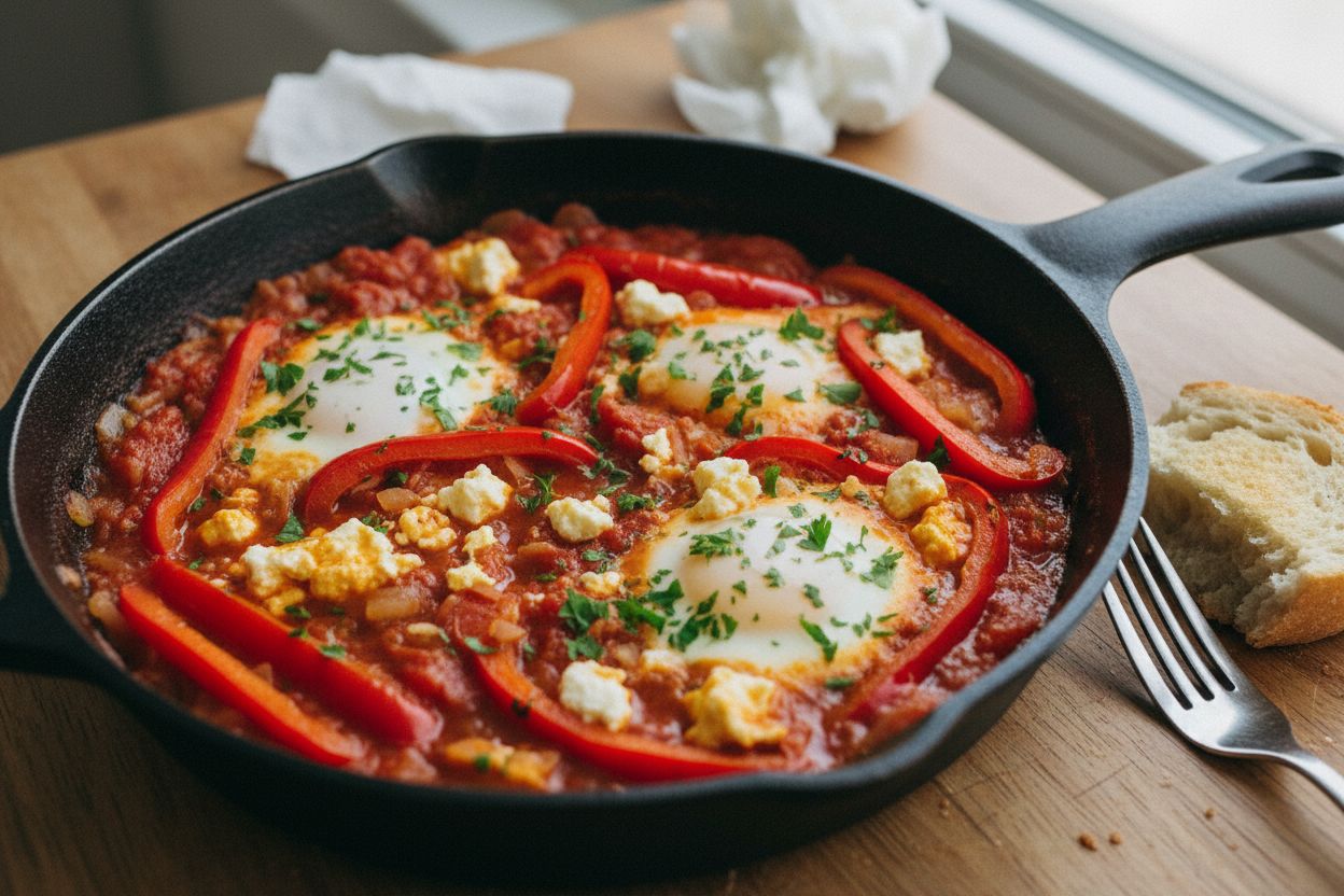 Shakshuka végétarienne aux poivrons et féta terminé