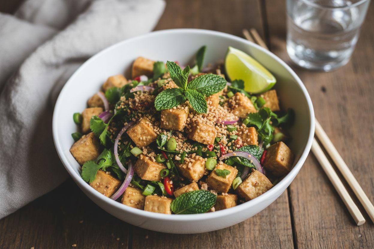 Recette Laab de tofu végétarien Salade thaïlandaise épicée et croquante
