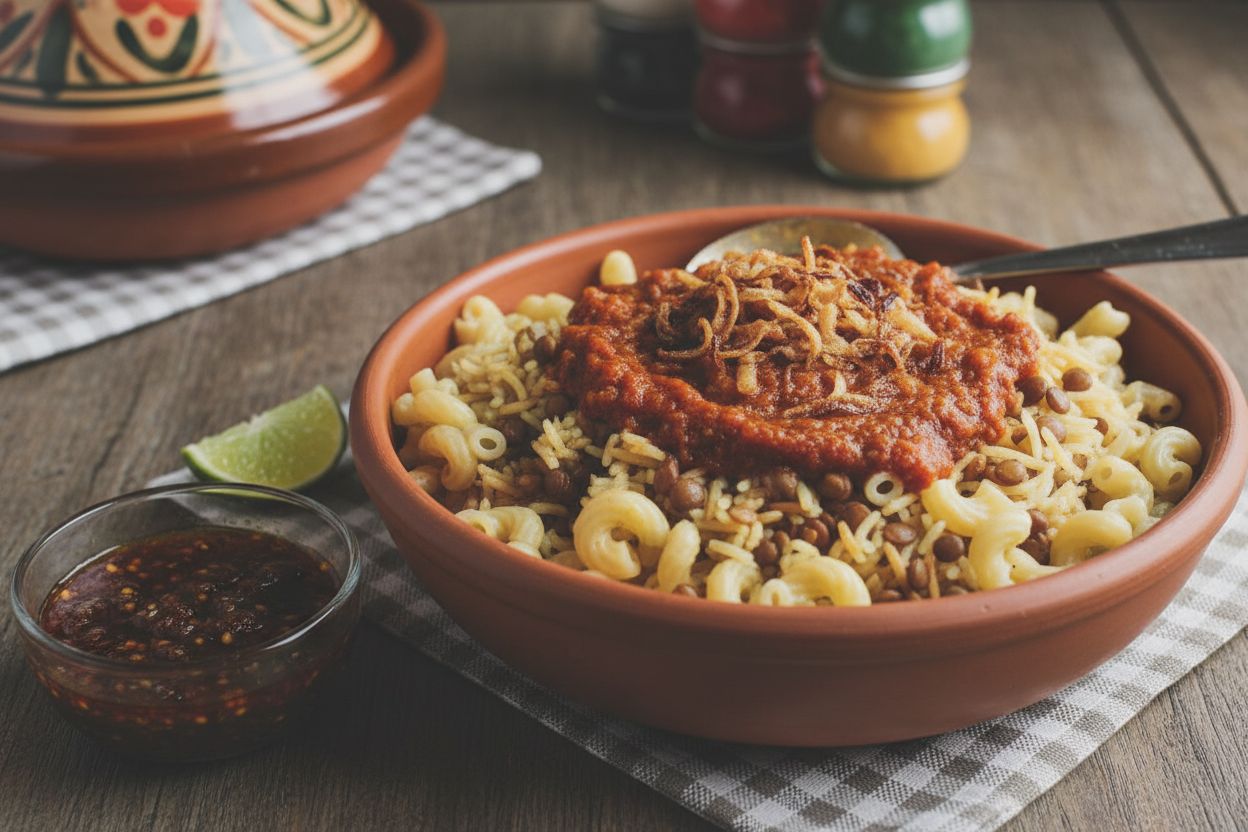 Koshari égyptien aux lentilles et sauce tomate