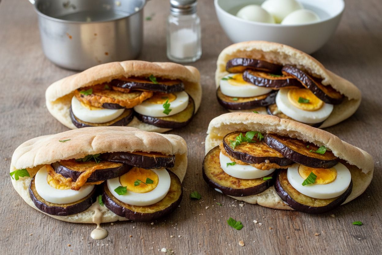 Pita aux aubergines frites et œuf dur