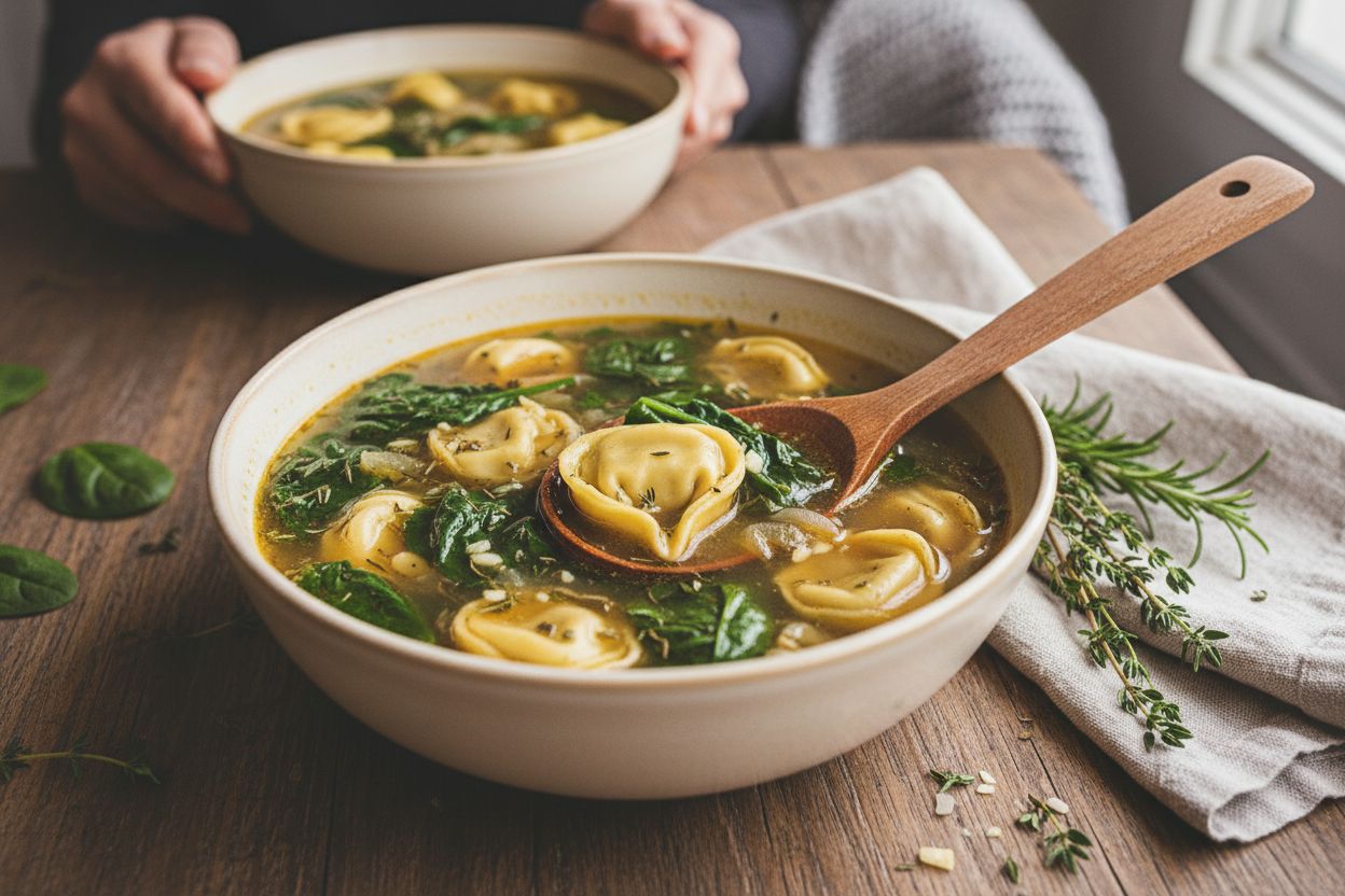 Soupe aux tortellinis et épinards