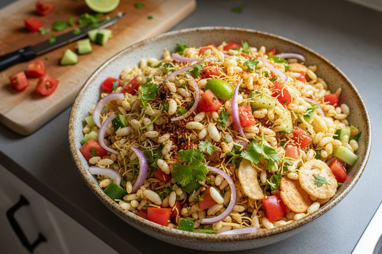Snack indien au riz soufflé terminé