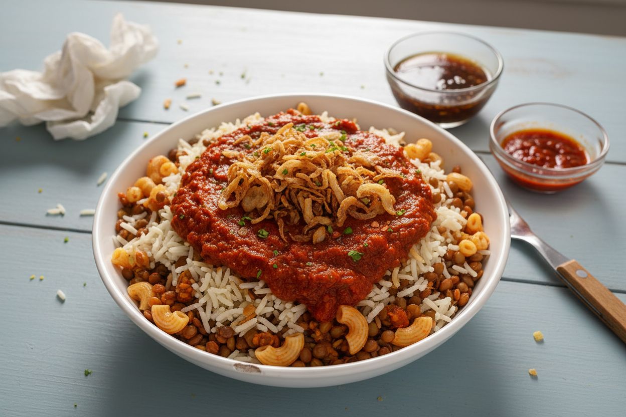 Koshari égyptien aux lentilles et sauce tomate terminé