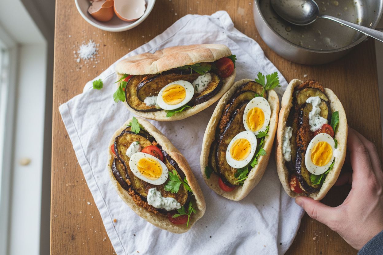 Pita aux aubergines frites et œuf dur terminé