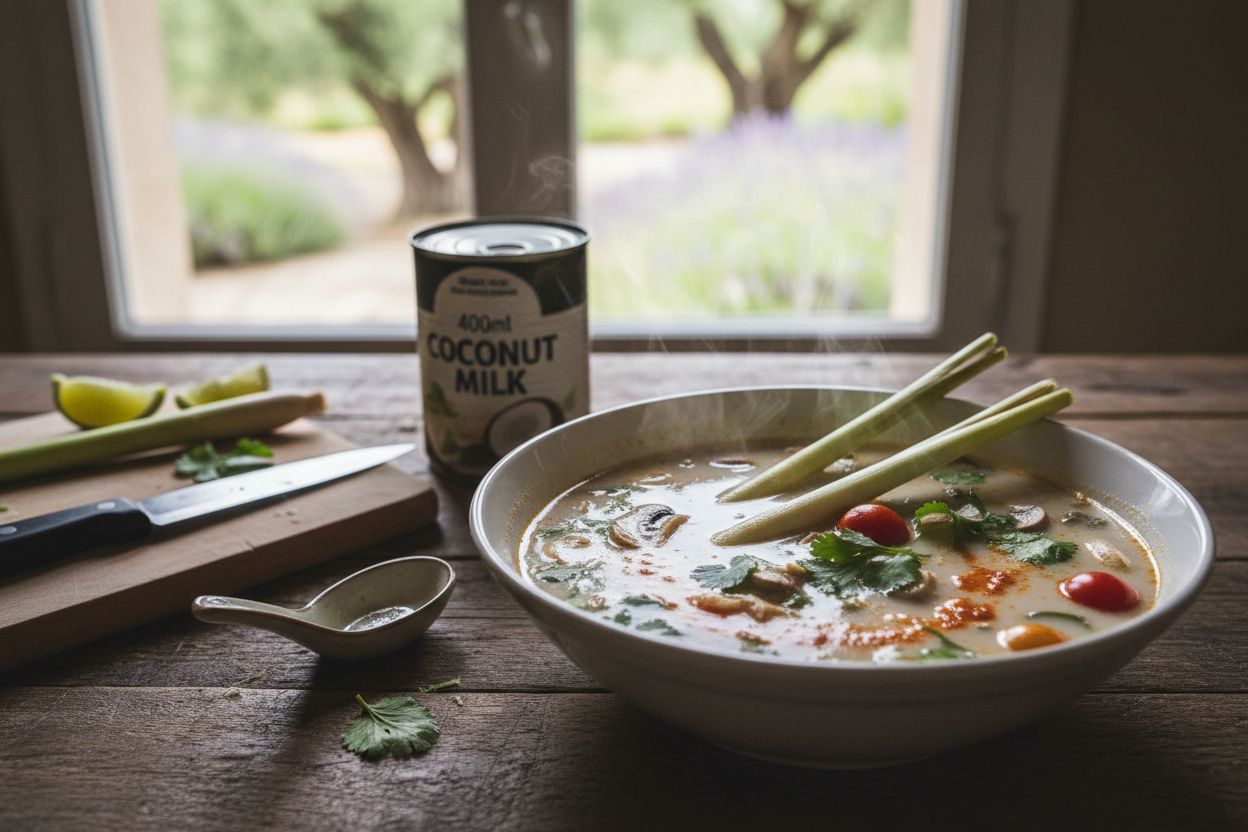 Tom kha végétarien (soupe thaï au lait de coco) terminé
